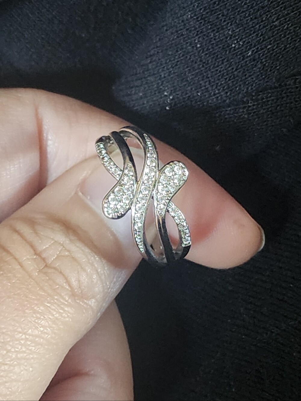 Elegant Silver-Tone Crystal Crossover Women’s Fashion Ring, Size 9 - 9.5